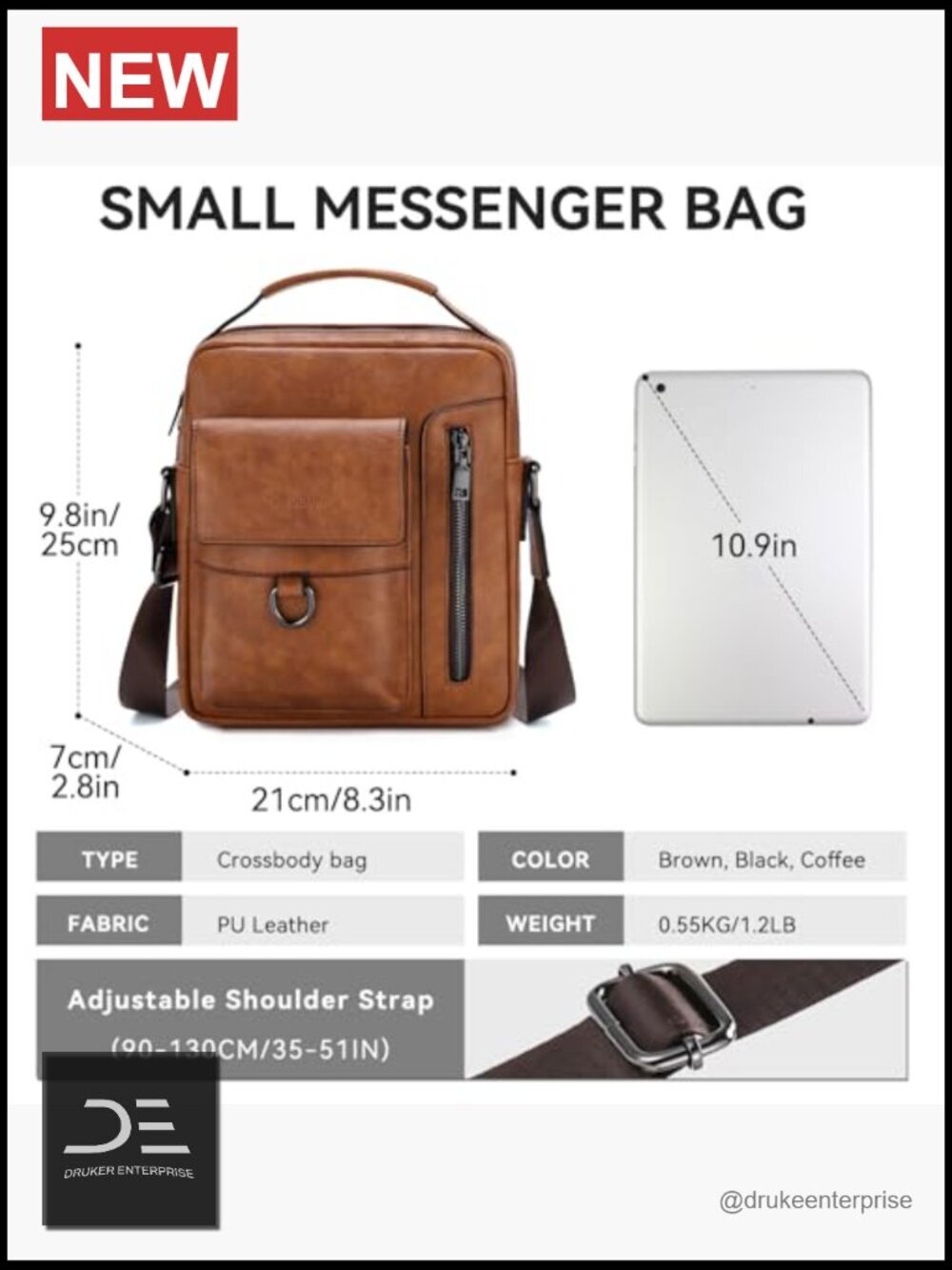 Vegan Leather Messenger Bag Satchel Crossbody Handbag Shoulder Sling Travel Bag - Picture 3 of 7
